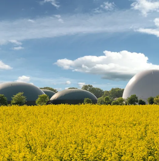 Biogas storage tanks and processing plant, representing low-carbon marine fuels