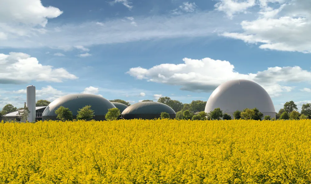 Biogas storage tanks and processing plant, representing low-carbon marine fuels