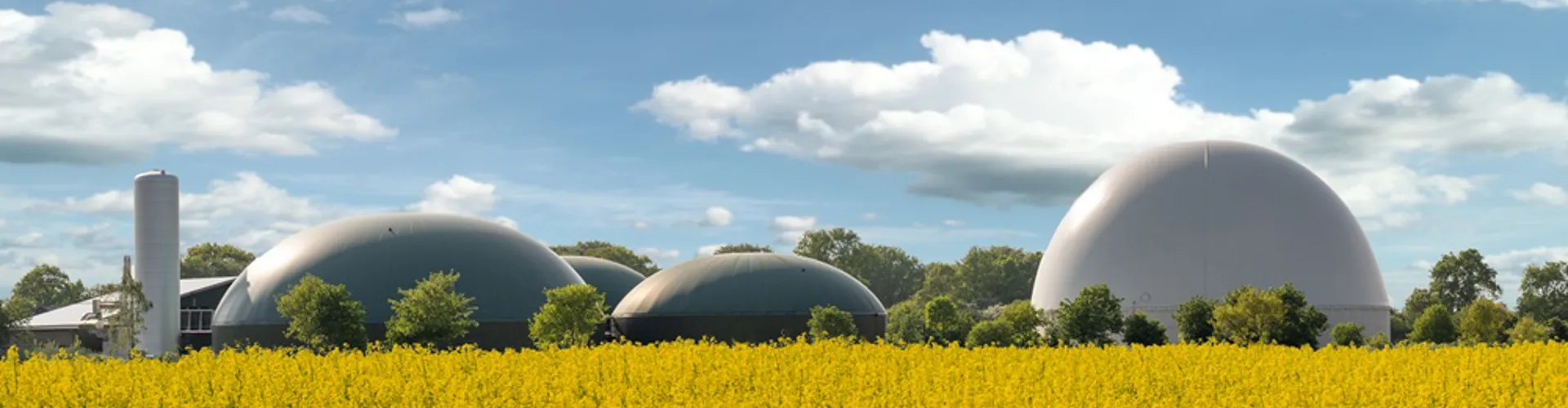 Biogas storage tanks and processing plant, representing low-carbon marine fuels