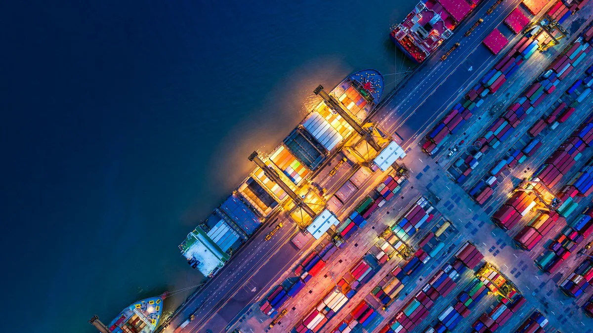 Illuminated port and ship.
