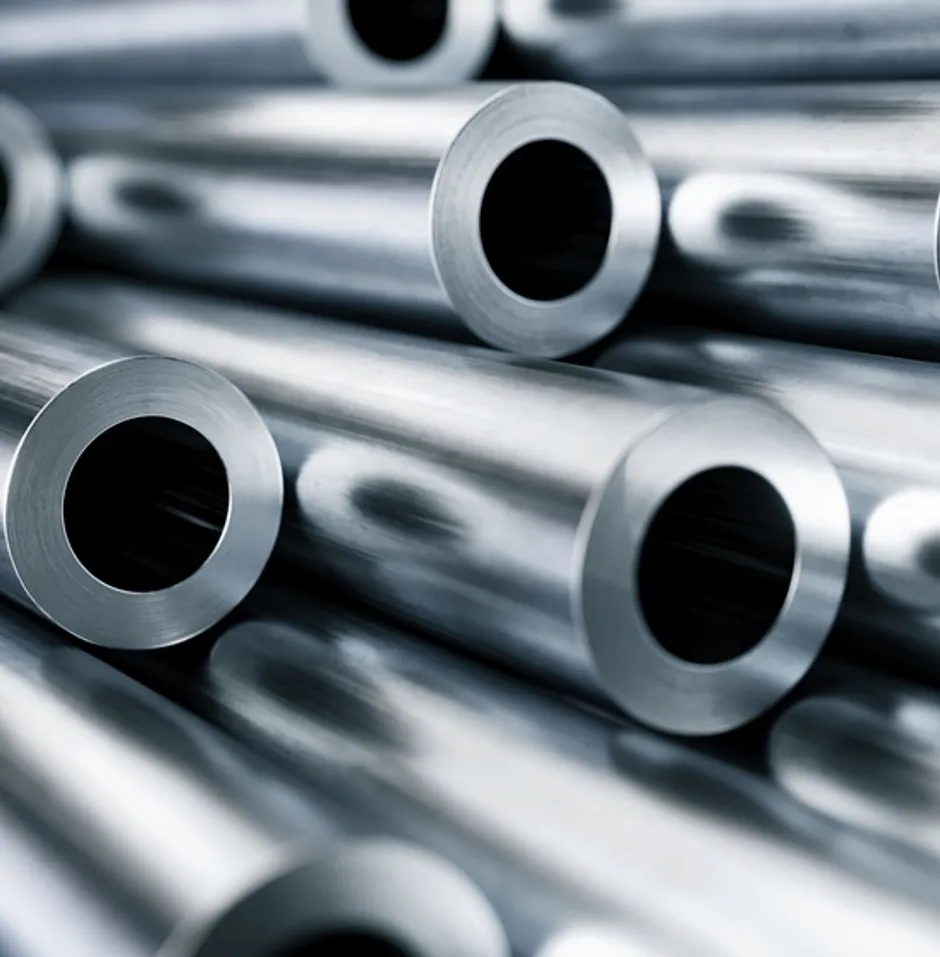 Stacks of steel pipe and tube stored in a warehouse