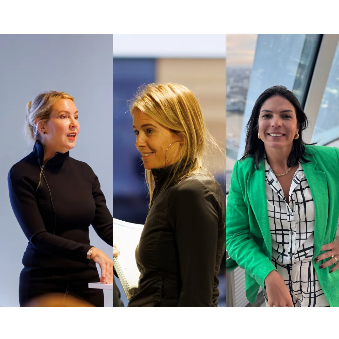 Three professional portraits of women; one presenting, one with a notebook.