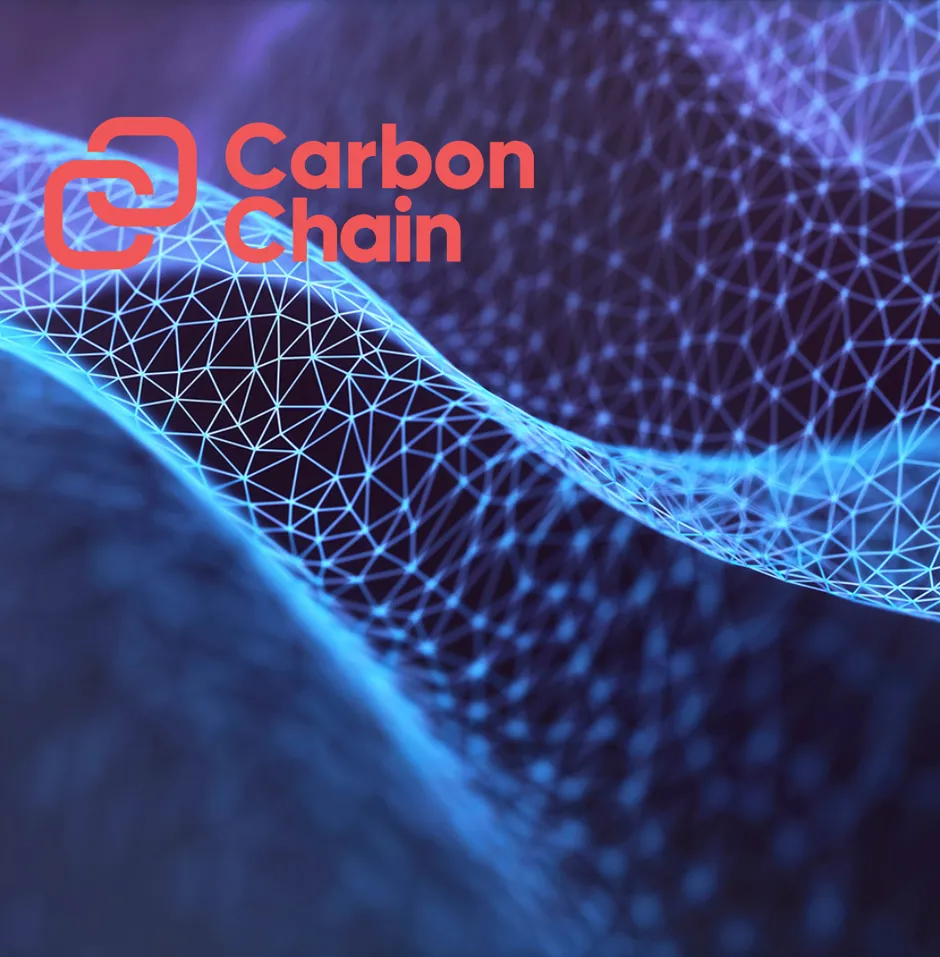 Abstract blue wireframe with "Carbon Chain" logo.