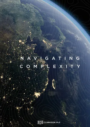  Earth from space at night with city lights and "NAVIGATING COMPLEXITY" text. 