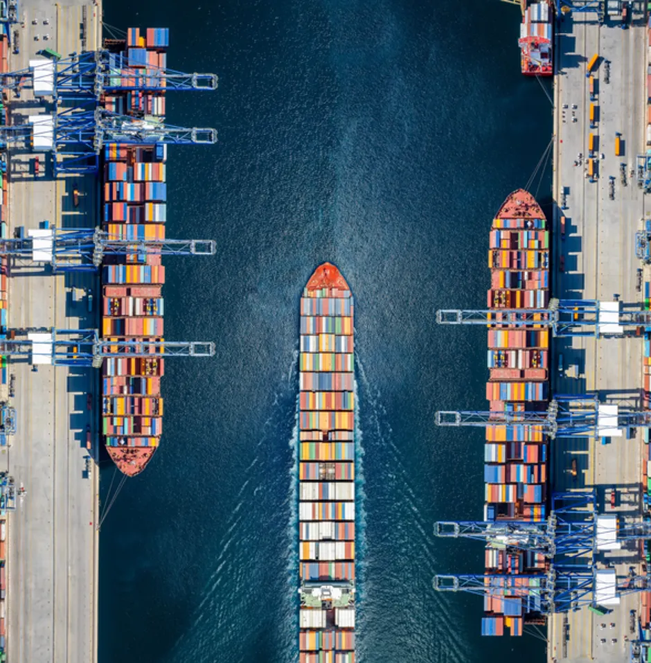 Aerial view of container ships at port