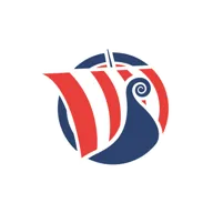 Viking ship silhouette with red and blue accents.