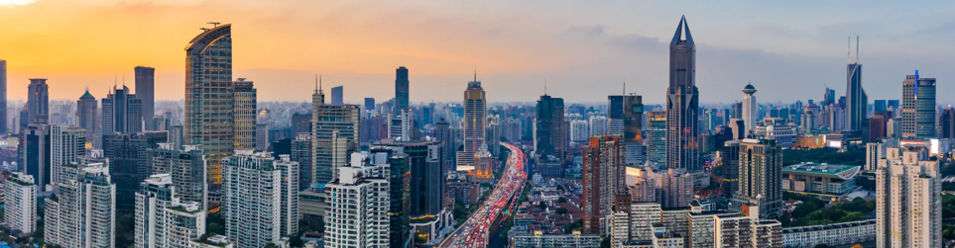 City skyline panorama at golden sunset