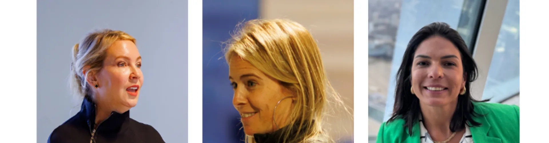 Three portraits of women; one speaking, one smiling, all with different attire and backgrounds.